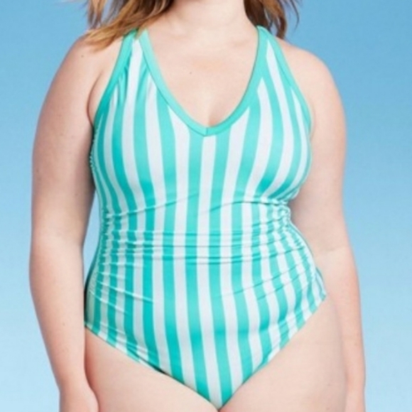 Kona Sol Turquoise Striped V-neck High Leg Swimsuit Size 18W - Picture 1 of 10